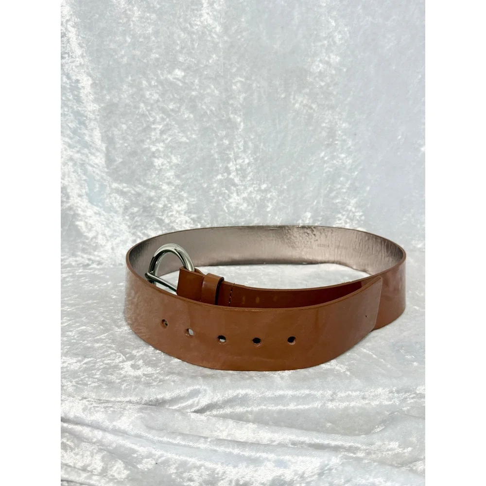 Michael Kors Womens Lug Brown Patent Leather Wide Belt Silver Buckle Med NWT